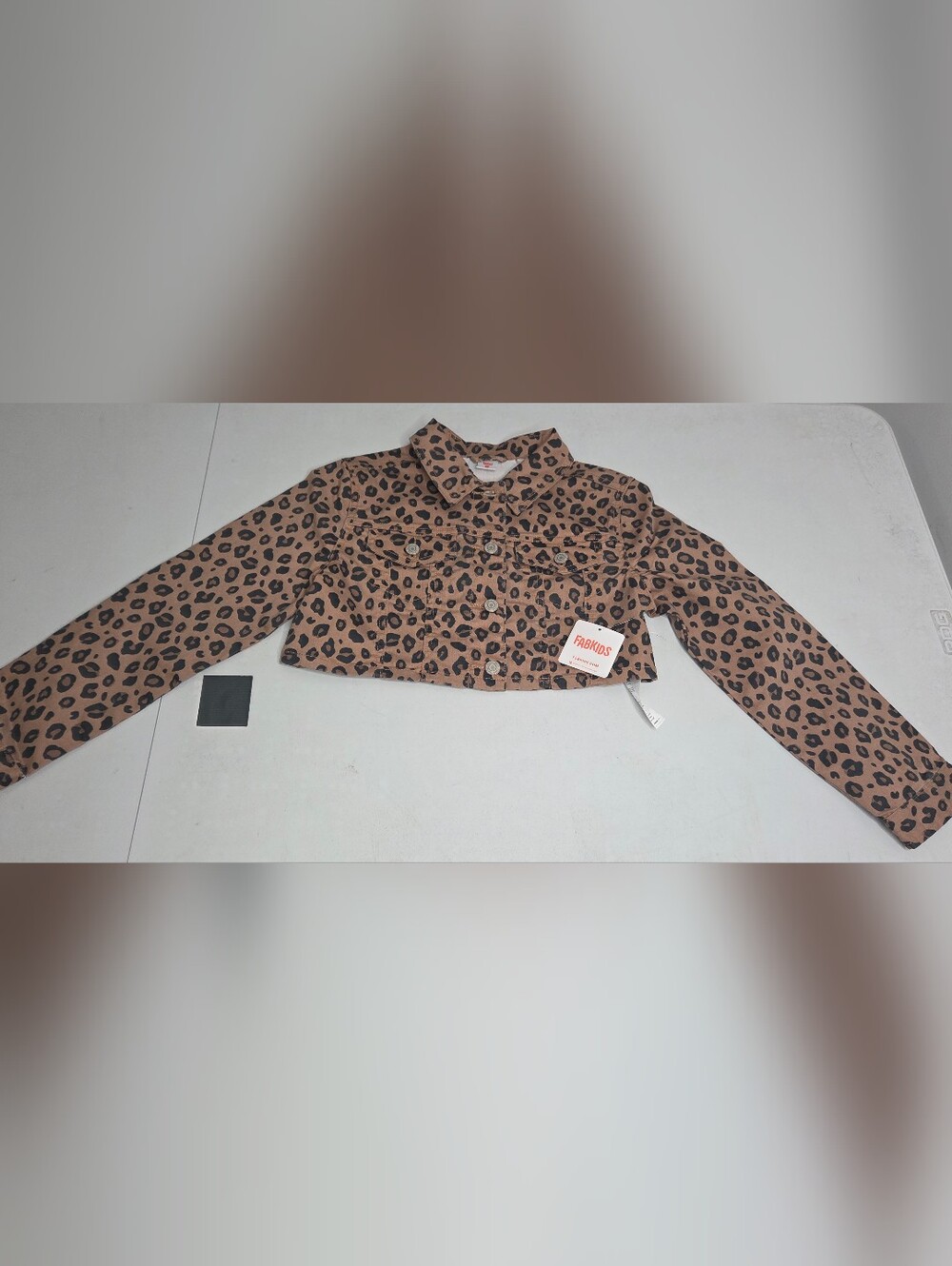 NWT FabKids Girls Large 10/12 Leopard Print Cropped Denim Jacket Cheetah Animal